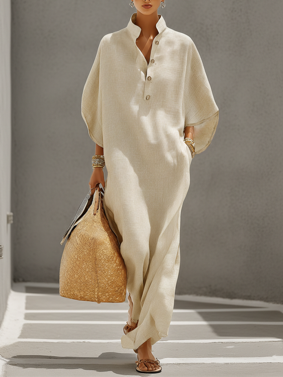Oatmeal Linen Mandarin Collar Dress