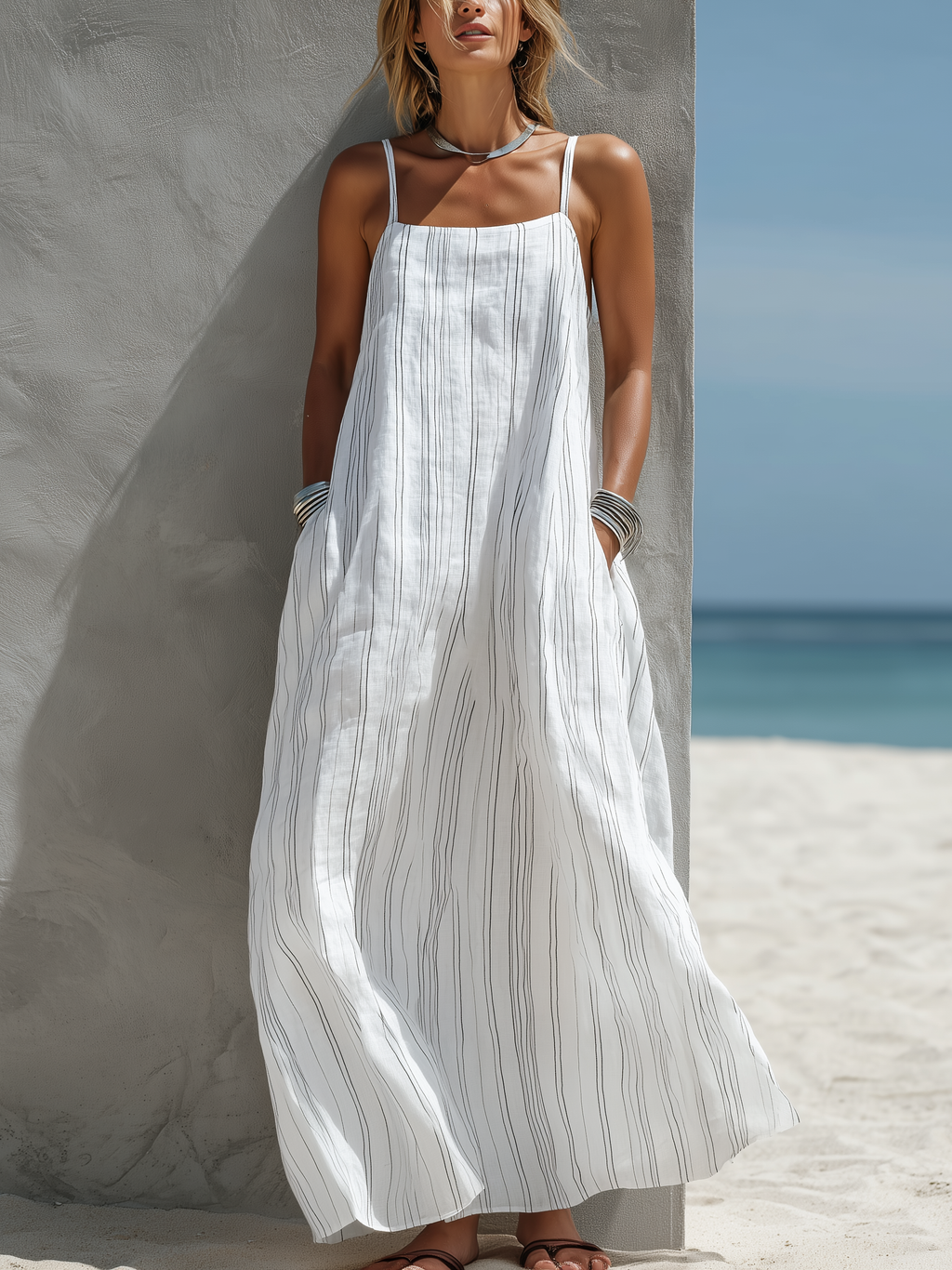 White Striped Sleeveless Woven Long Dress
