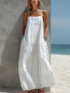 White Striped Sleeveless Woven Long Dress