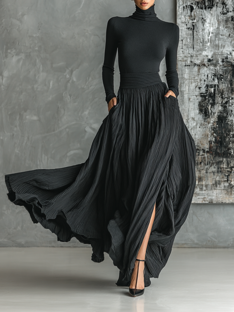 Black Skinny Turtleneck & Pleated Skirt Set