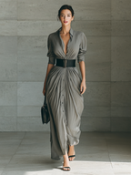 Ladies Lapel Long Sleeve Single Breasted Belt Maxi Dress MDA1758G1Y