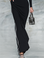 Women's Black And White Trim Square Neck Long Sleeve Tight Maxi Dress MDA1698G8Y
