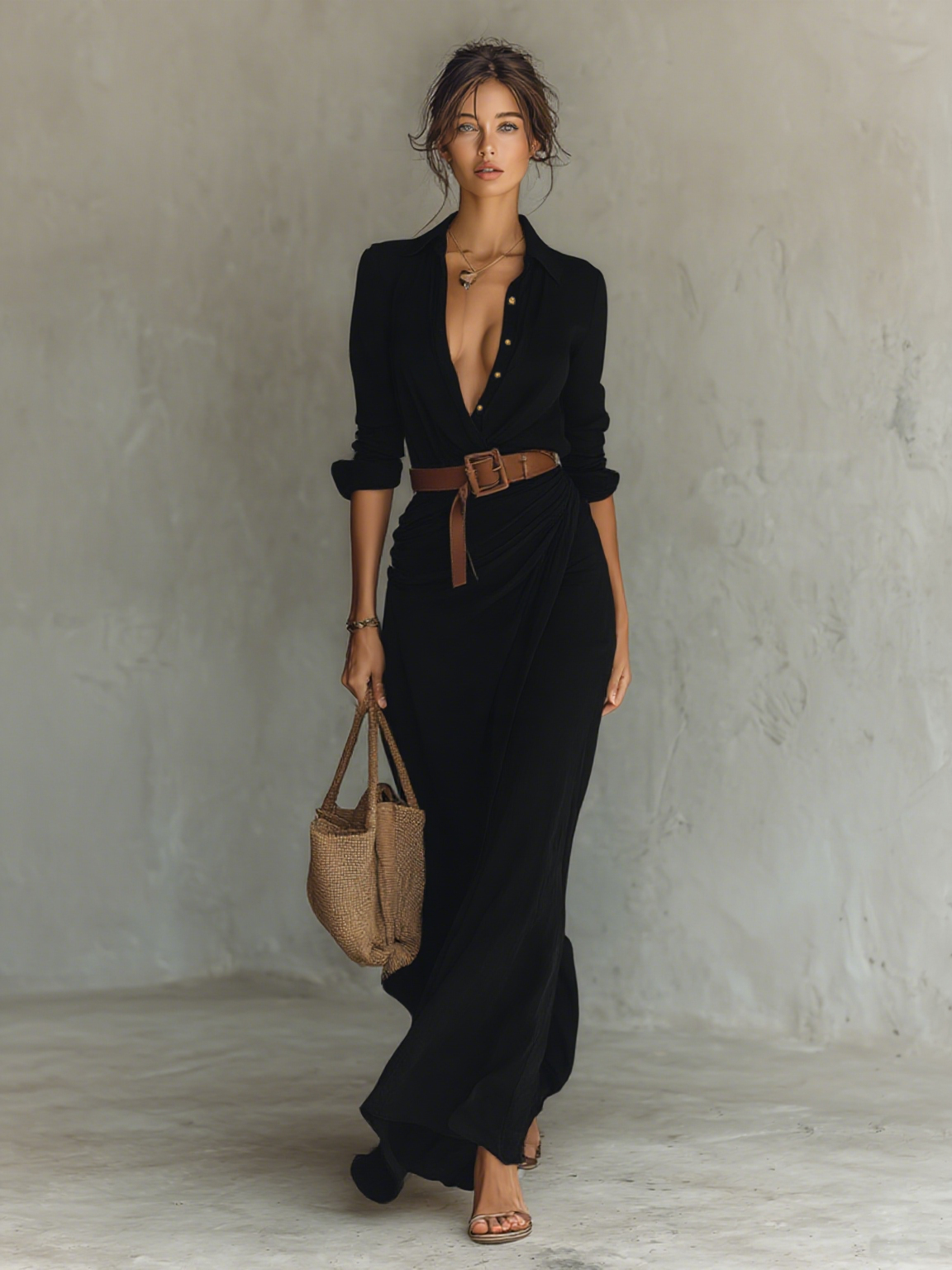 Lapel Belted Long Sleeve Maxi Dress