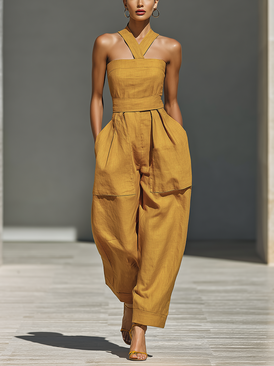 Mustard Linen Crisscross Neck Jumpsuit