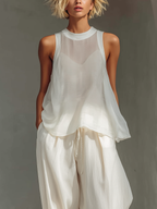 Cream Sheer Chiffon Top & Drawstring Wide-Leg Set