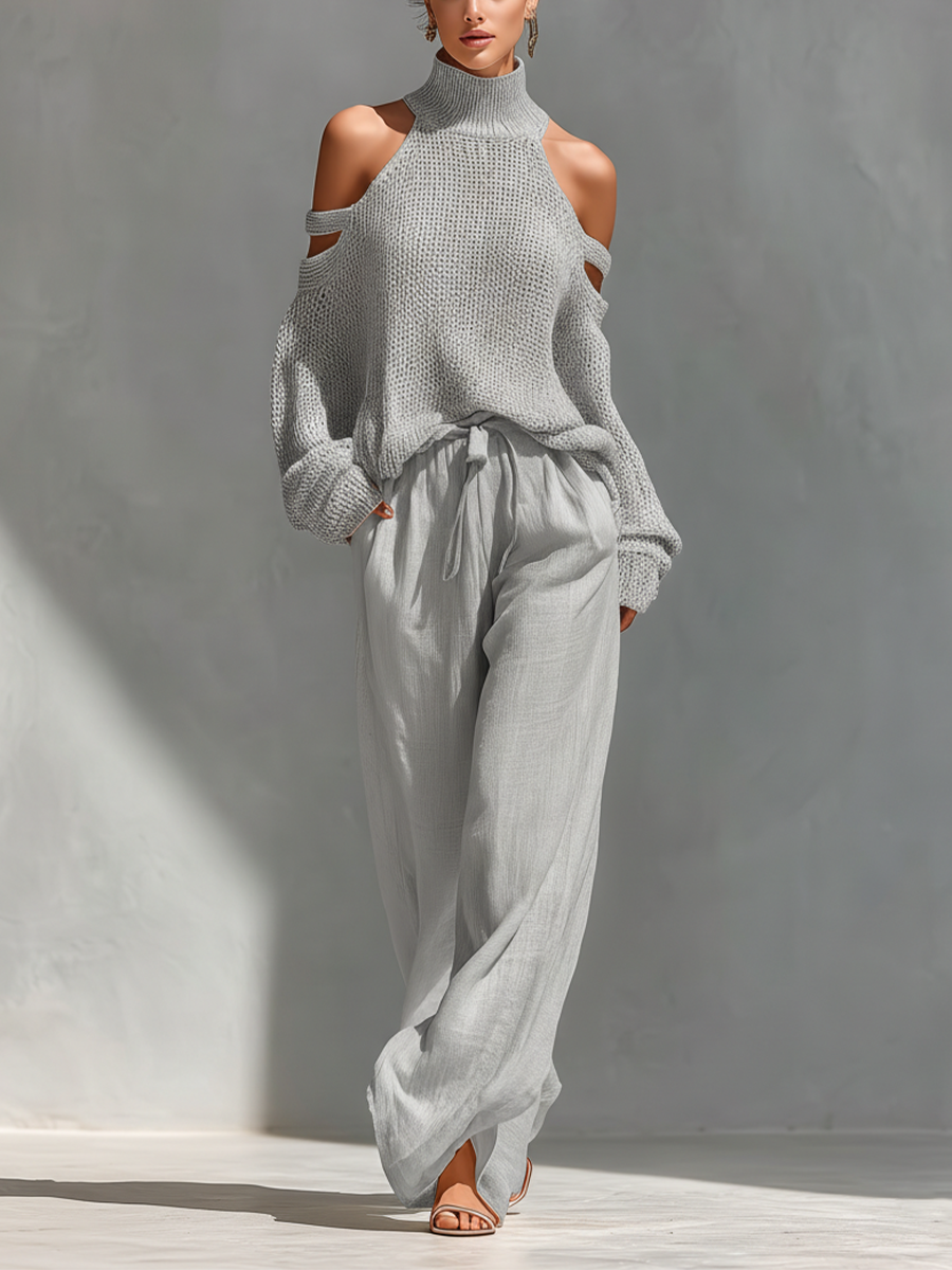 Beige Openwork Knit Cold-Shoulder High-Neck Sweater