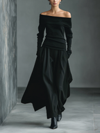 Black Knit Off-Shoulder Ruched Waist Top
