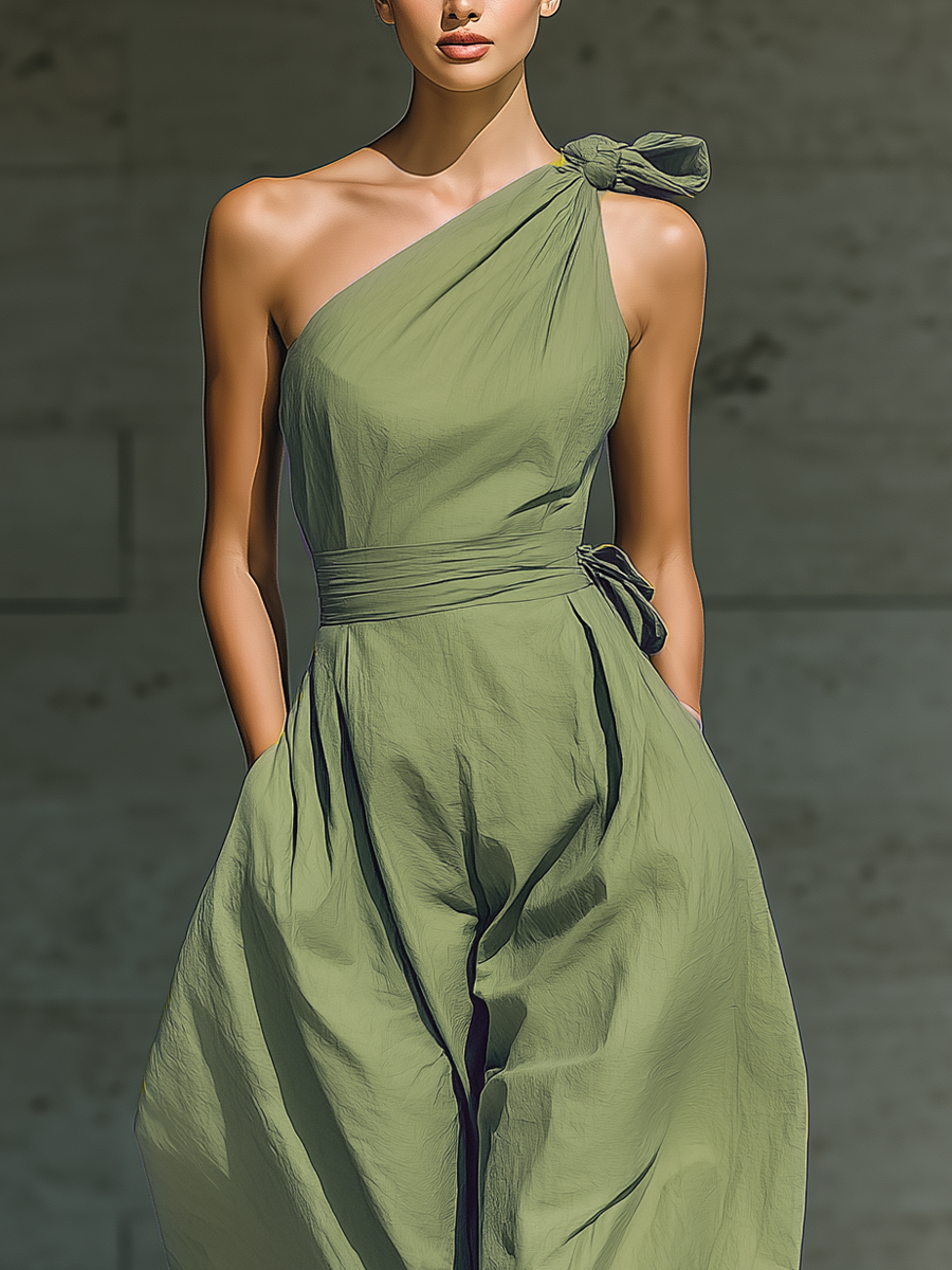 Light Green One-Shoulder Tie-Waist Wide-Leg Jumpsuit