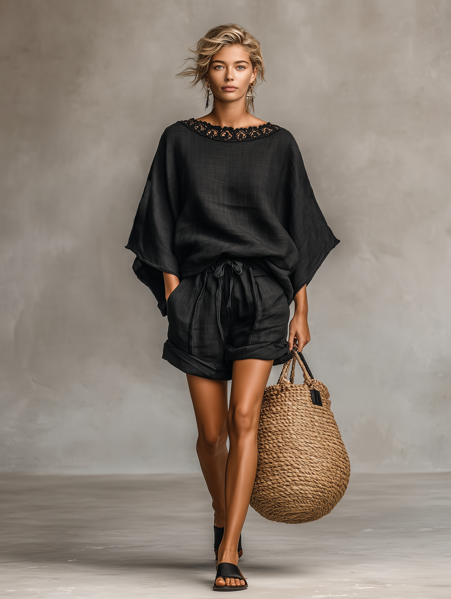 Linen Lace Boat Neck Blouse & Shorts Set