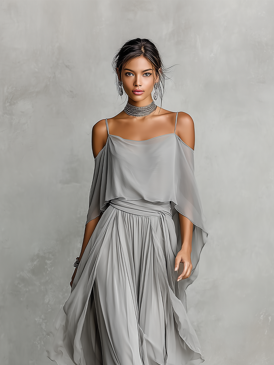 Chiffon Cold-Shoulder Flared Set