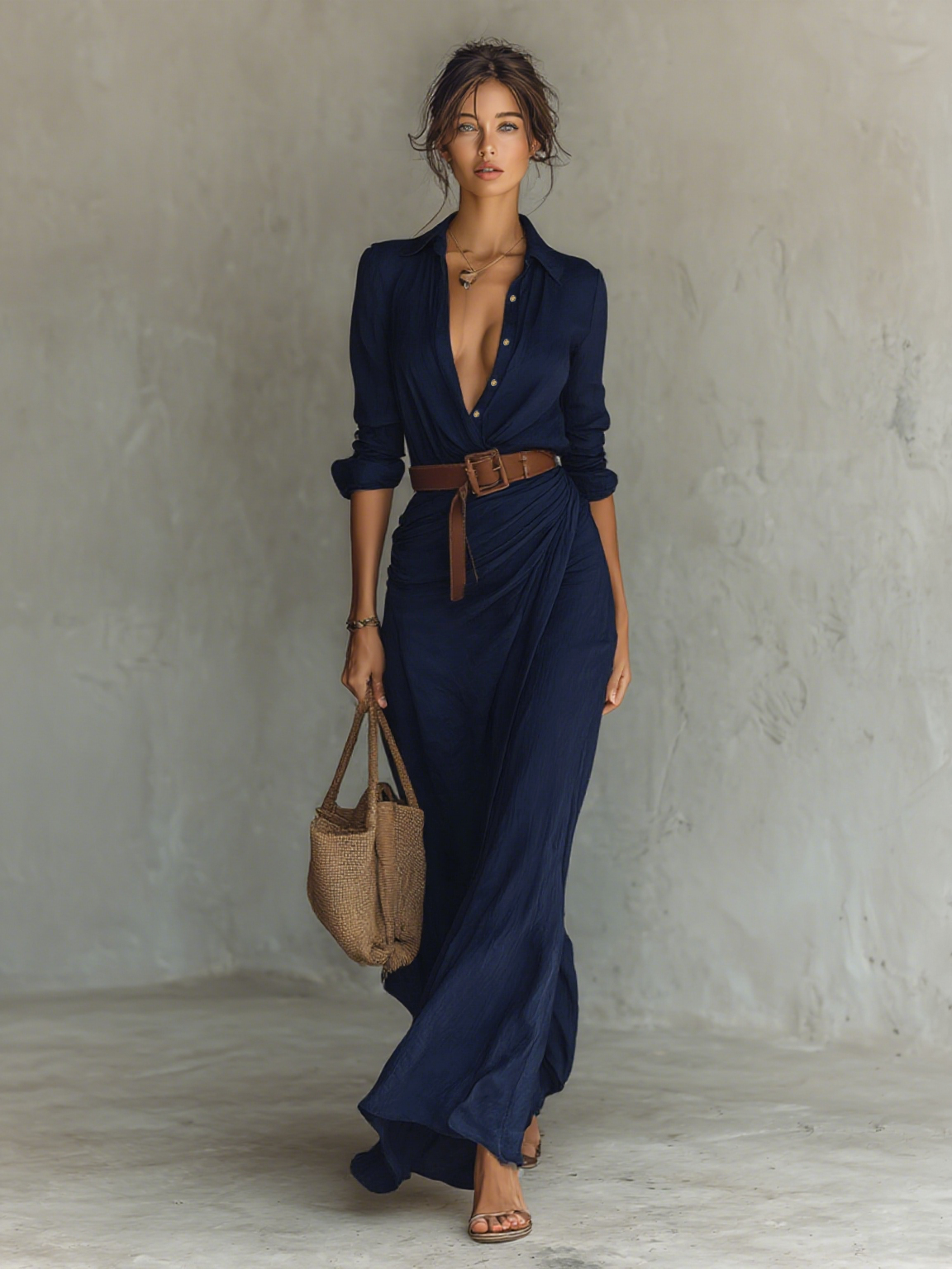 Lapel Belted Long Sleeve Maxi Dress