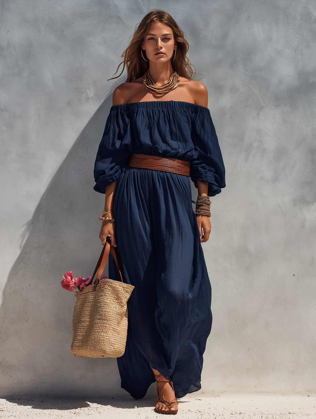 Dark Blue Cotton Linen Round-Neck Sleeveless Jumpsuit