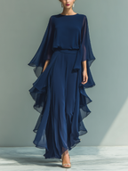 Navy Chiffon Flared Sleeve Top & Ruffled Trousers Set