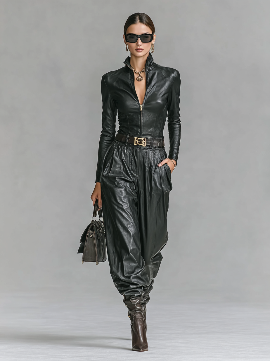 PU Leather Zipper Stand Collar Set