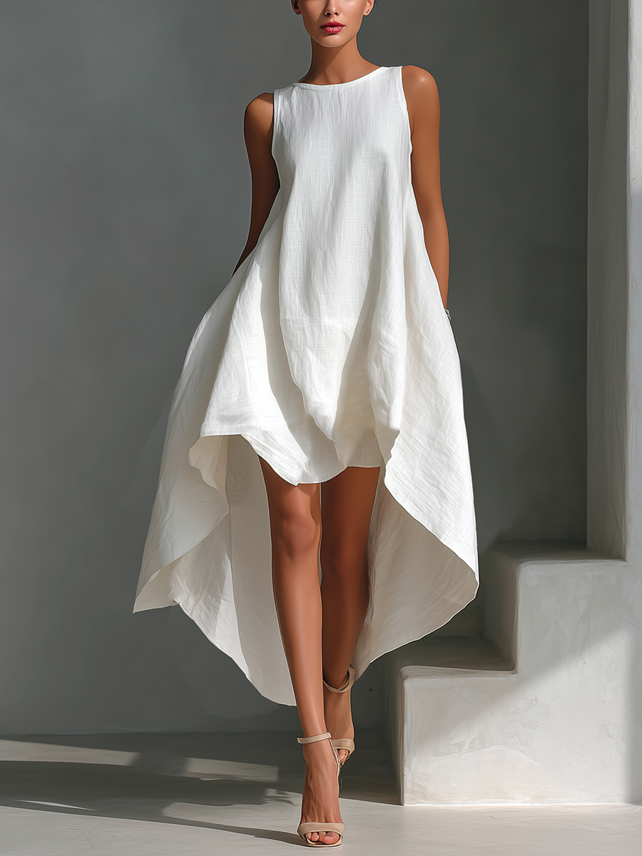 White Linen Asymmetric Hem Midi Dress