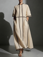 Women's Modern Linen Blend Beige Stand-Collar Half-Sleeve Contrast-Line Pocketed Maxi Dress  MDA2924L4AU