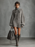 Knit High Neck Bow-Tie Mini Dress