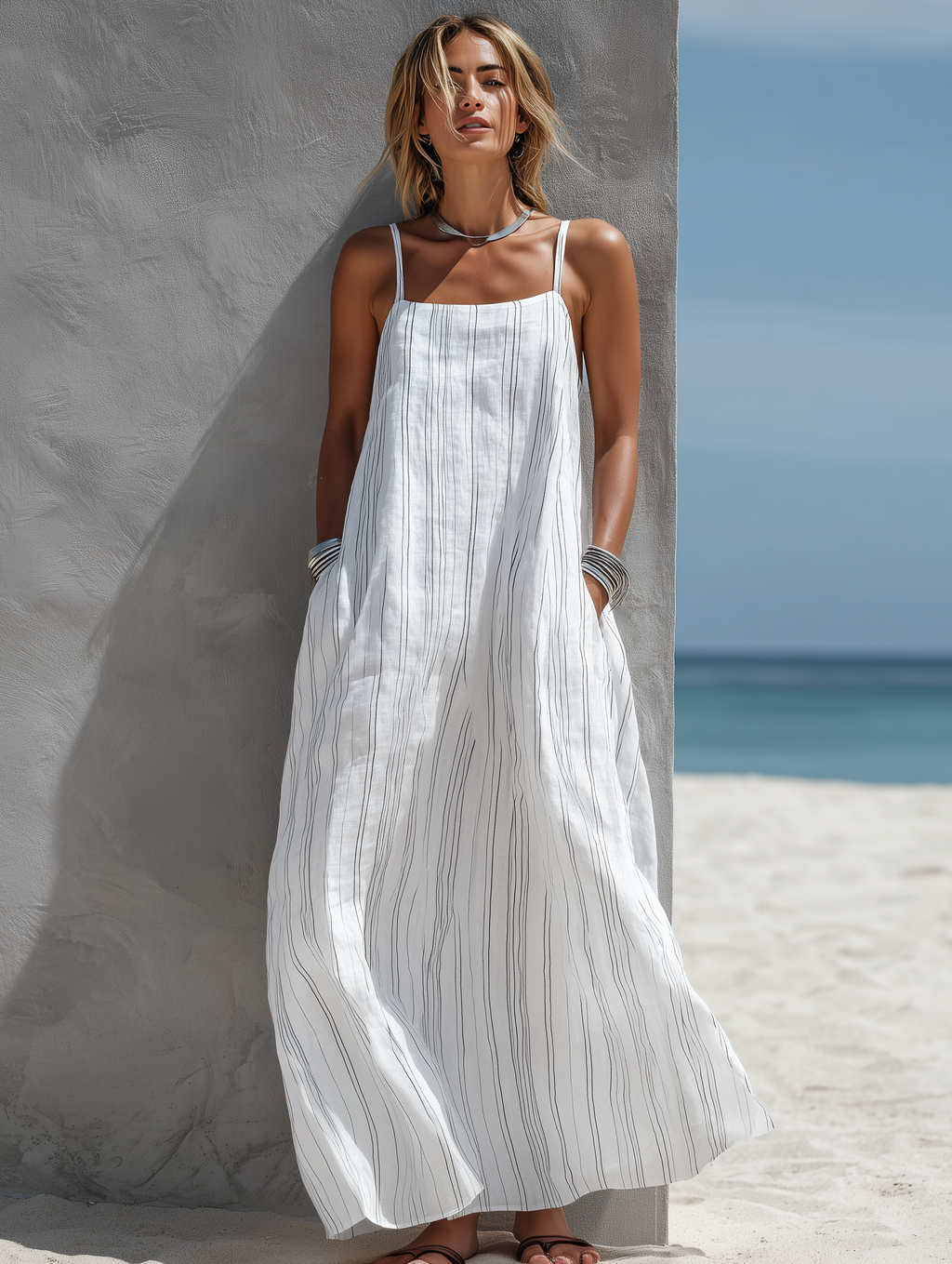 White Striped Sleeveless Woven Long Dress
