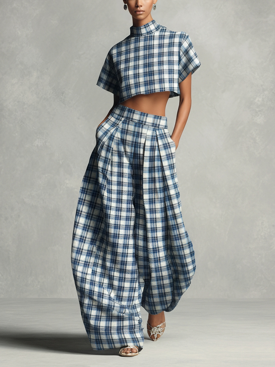 Plaid Turtleneck Crop Top & Wide-Leg Set