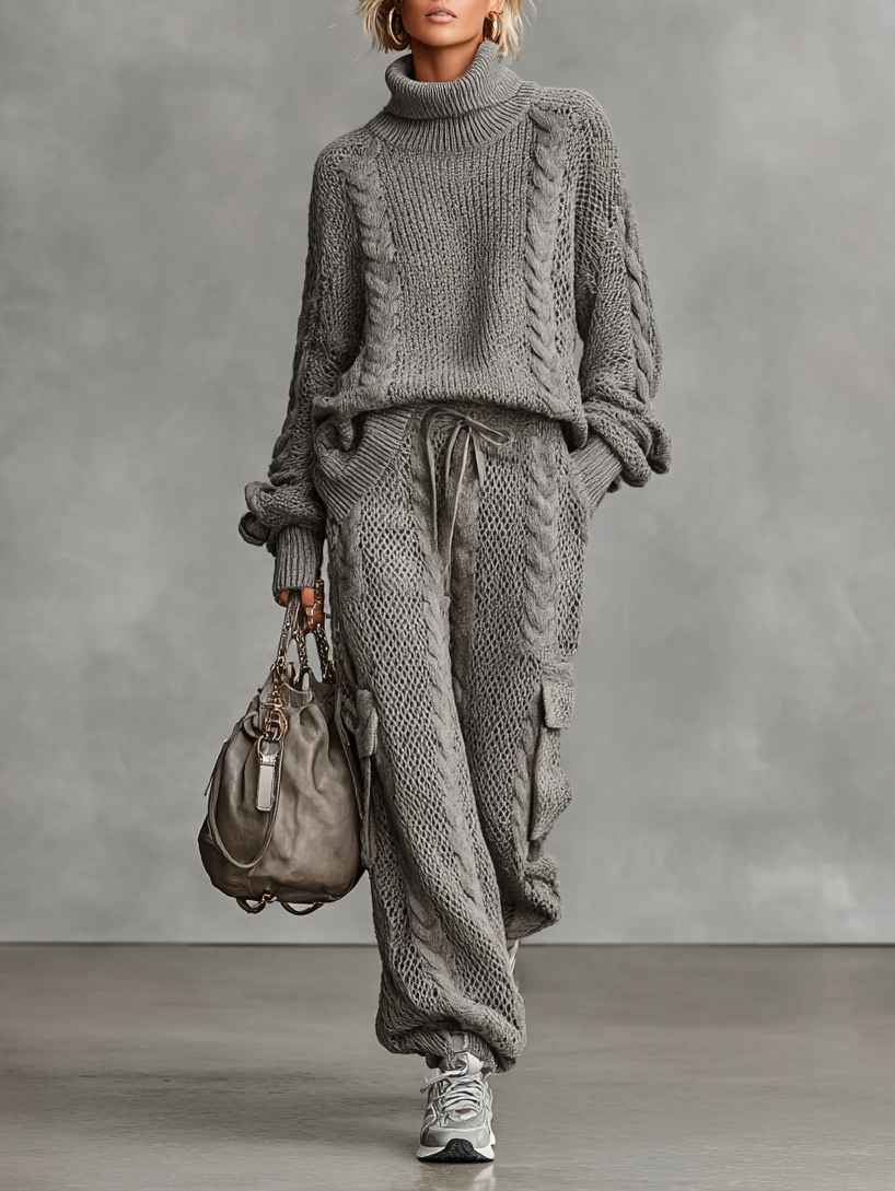 Cable Knit Turtleneck & Cargo Pants Set