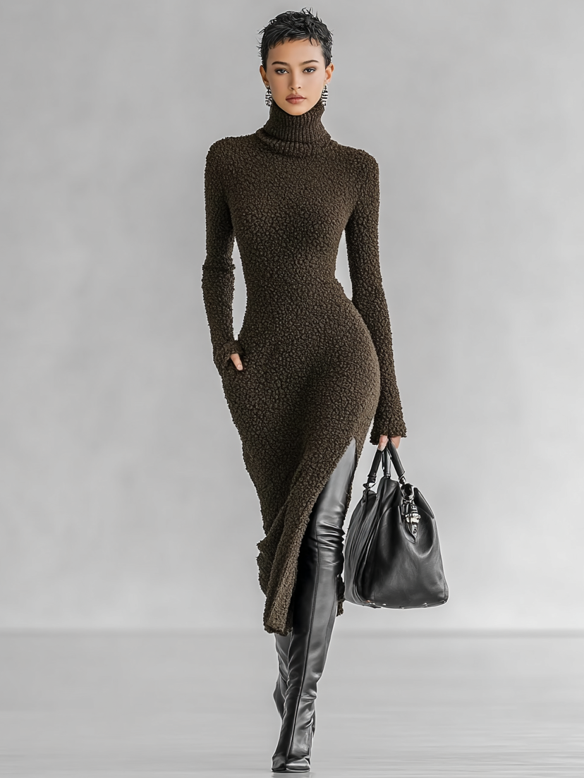 Plush Knit High-Neck Side Slit Midi Dress