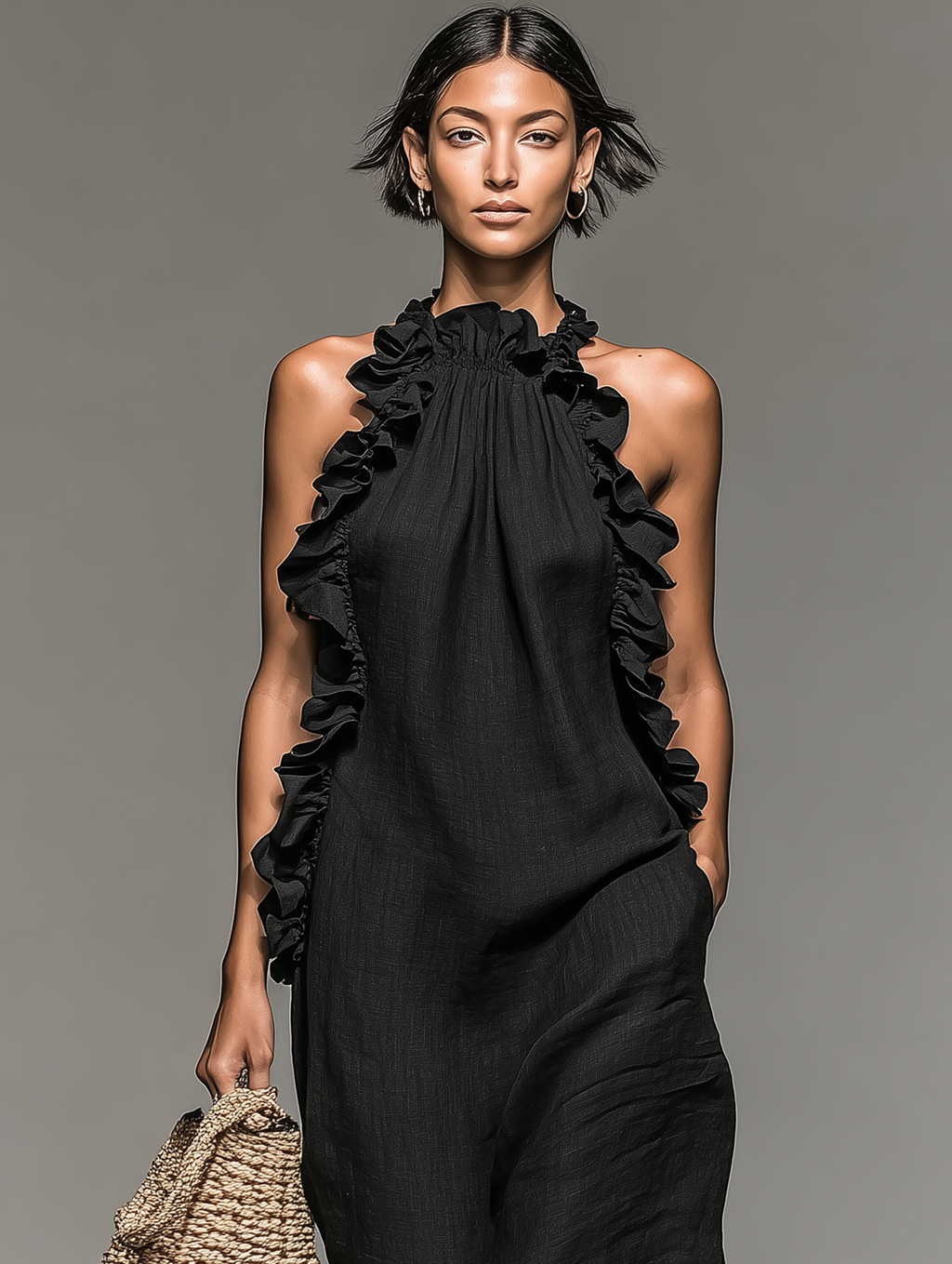 Linen Blend Ruffle Detail Sleeveless Maxi Dress