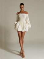 Ivory Off-Shoulder Ruched Waist Dress