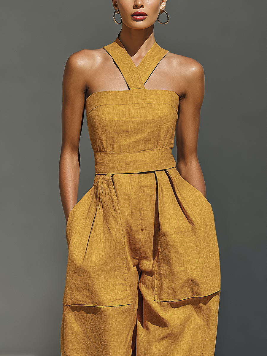 Mustard Linen Crisscross Neck Jumpsuit