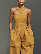 Mustard Linen Crisscross Neck Jumpsuit