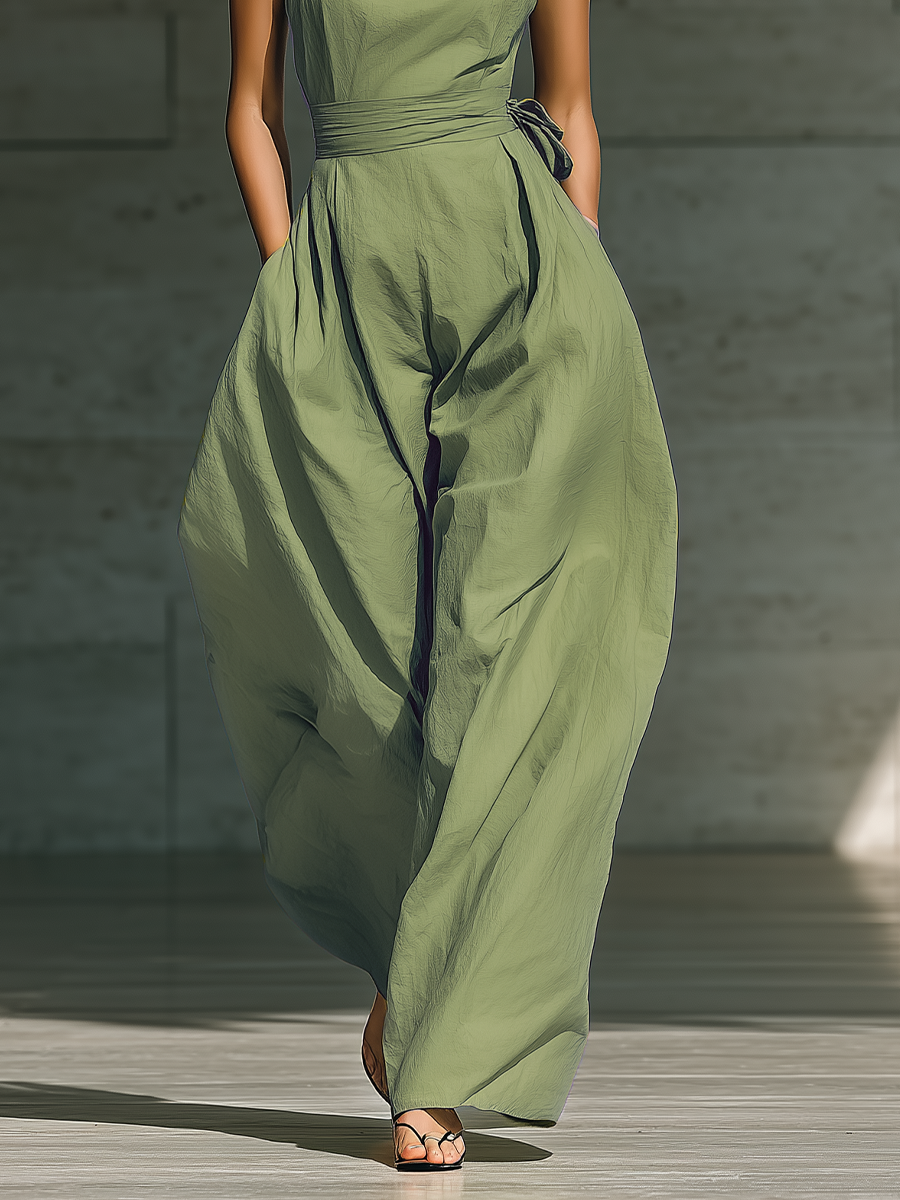 Light Green One-Shoulder Tie-Waist Wide-Leg Jumpsuit