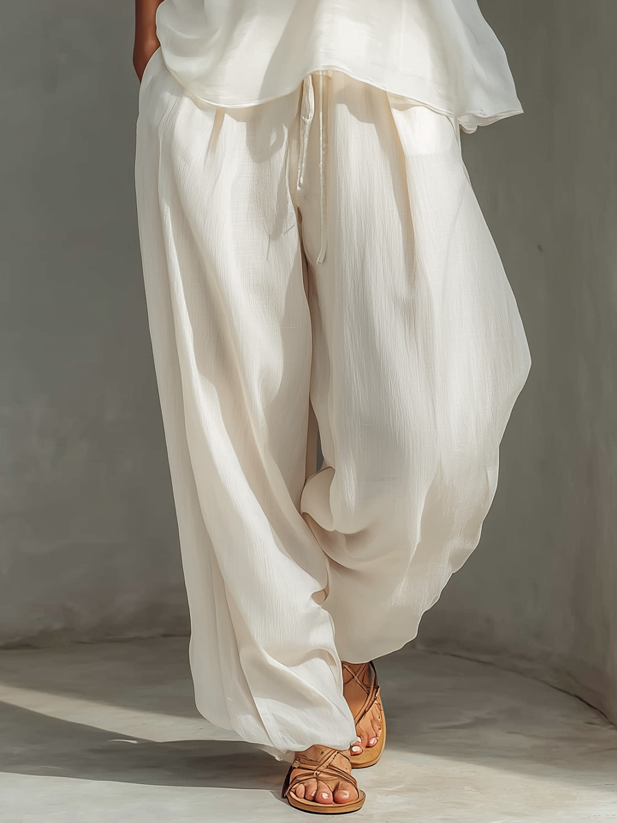 Cream Sheer Chiffon Top & Drawstring Wide-Leg Set