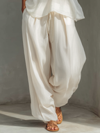 Cream Sheer Chiffon Top & Drawstring Wide-Leg Set