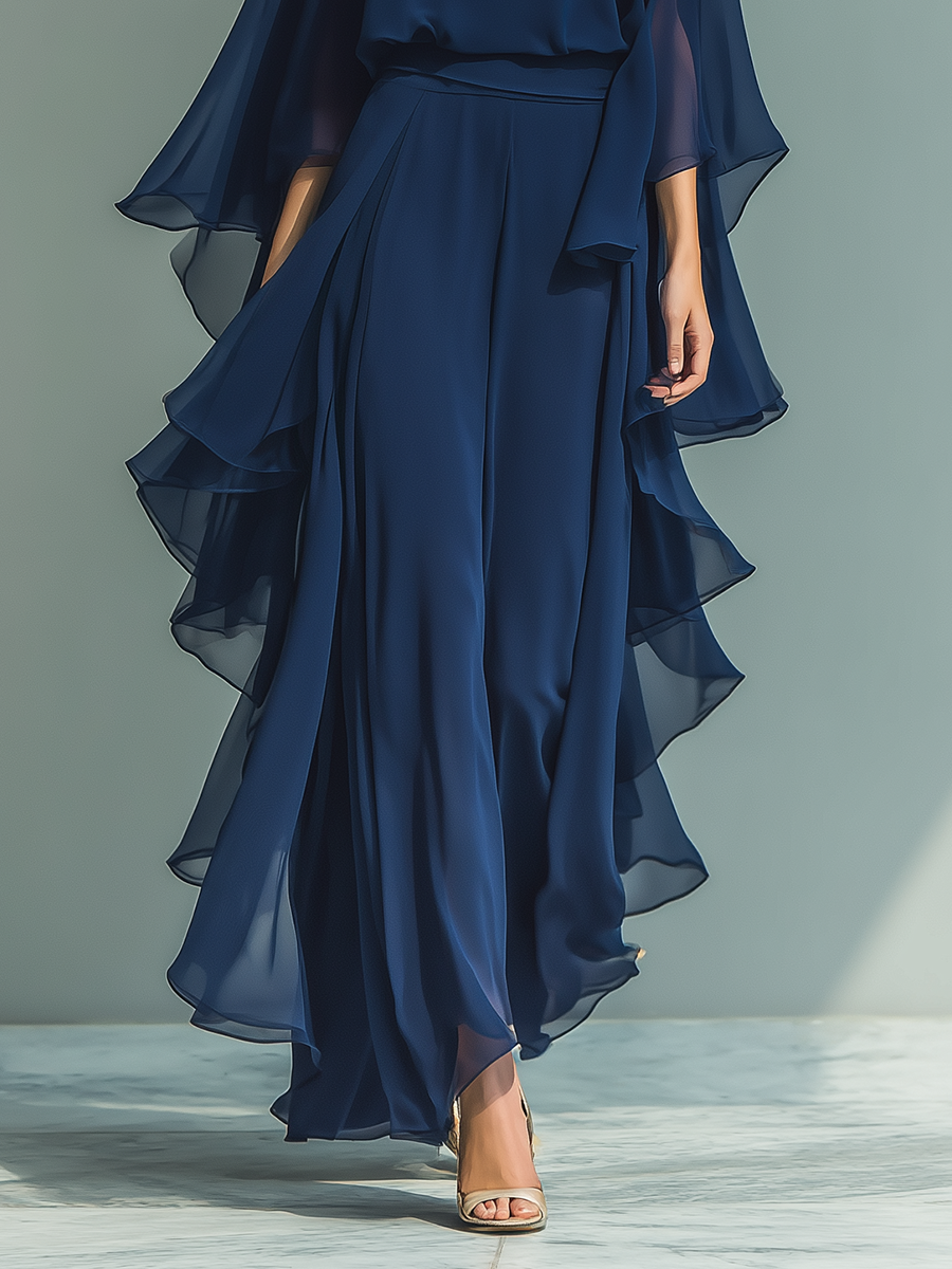 Navy Chiffon Flared Sleeve Top & Ruffled Trousers Set