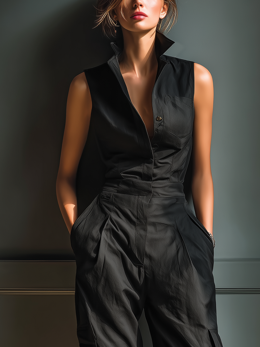Linen Sleeveless Collared Cargo Jumpsuit