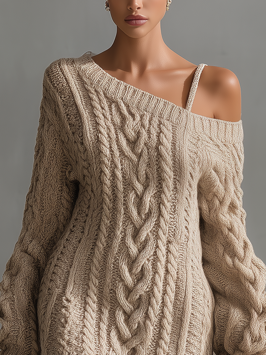 Beige Cable Knit Off-Shoulder Mini Dress