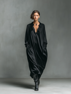 Women's Fashionable Casual Black Glossy Satin Long-sleeved Loose-fitting Maxi Dress With Pockets MDA2476K9AN