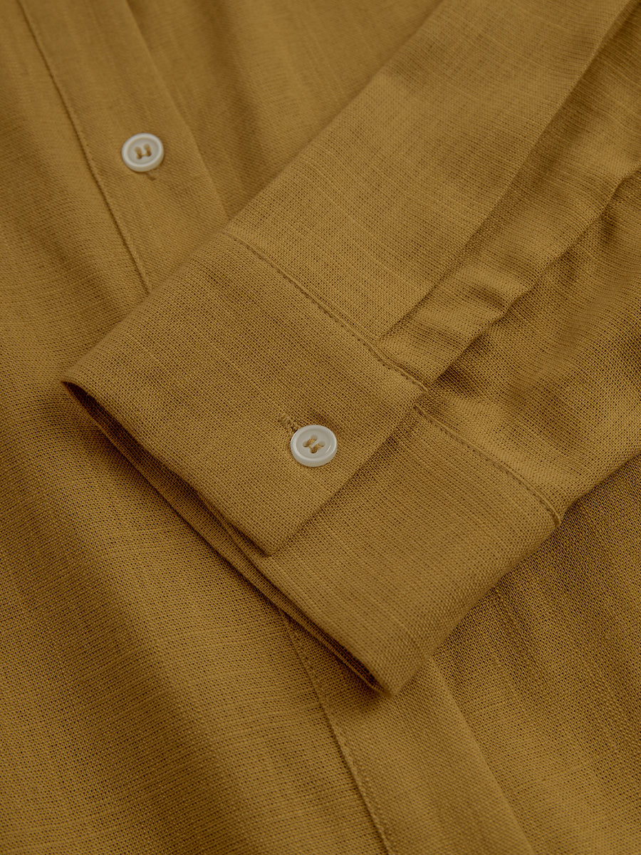 Mustard Linen Button-Front Belted Midi Shirt Dress