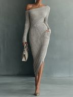 Grey One-Shoulder Knit Dress