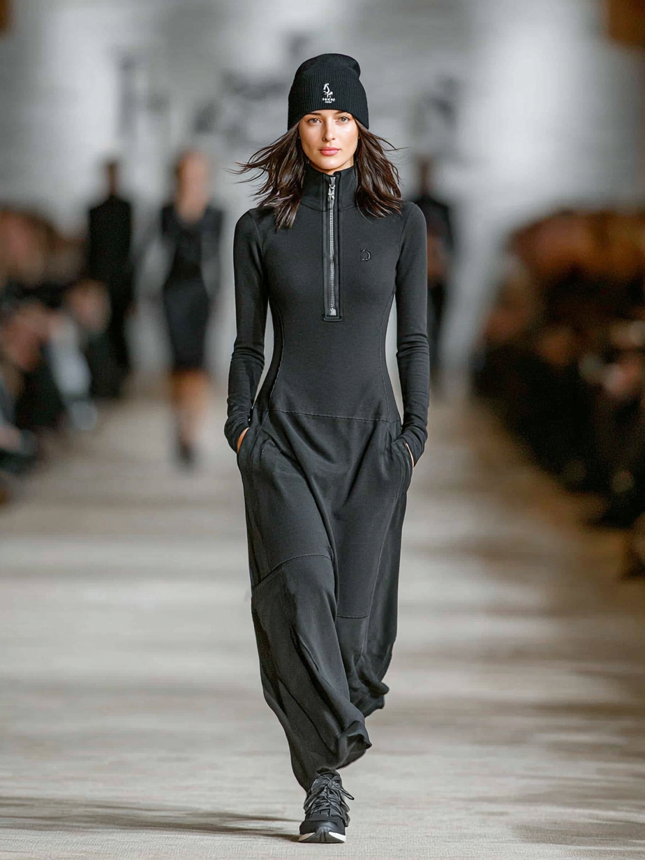 Cotton Blend Zip Collar Maxi Dress