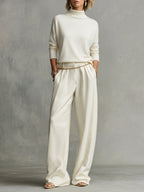 Cream Tailored Draped Wide-Leg Pants