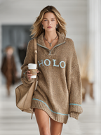 Letter Jacquard Knit Lapel Mini Dress