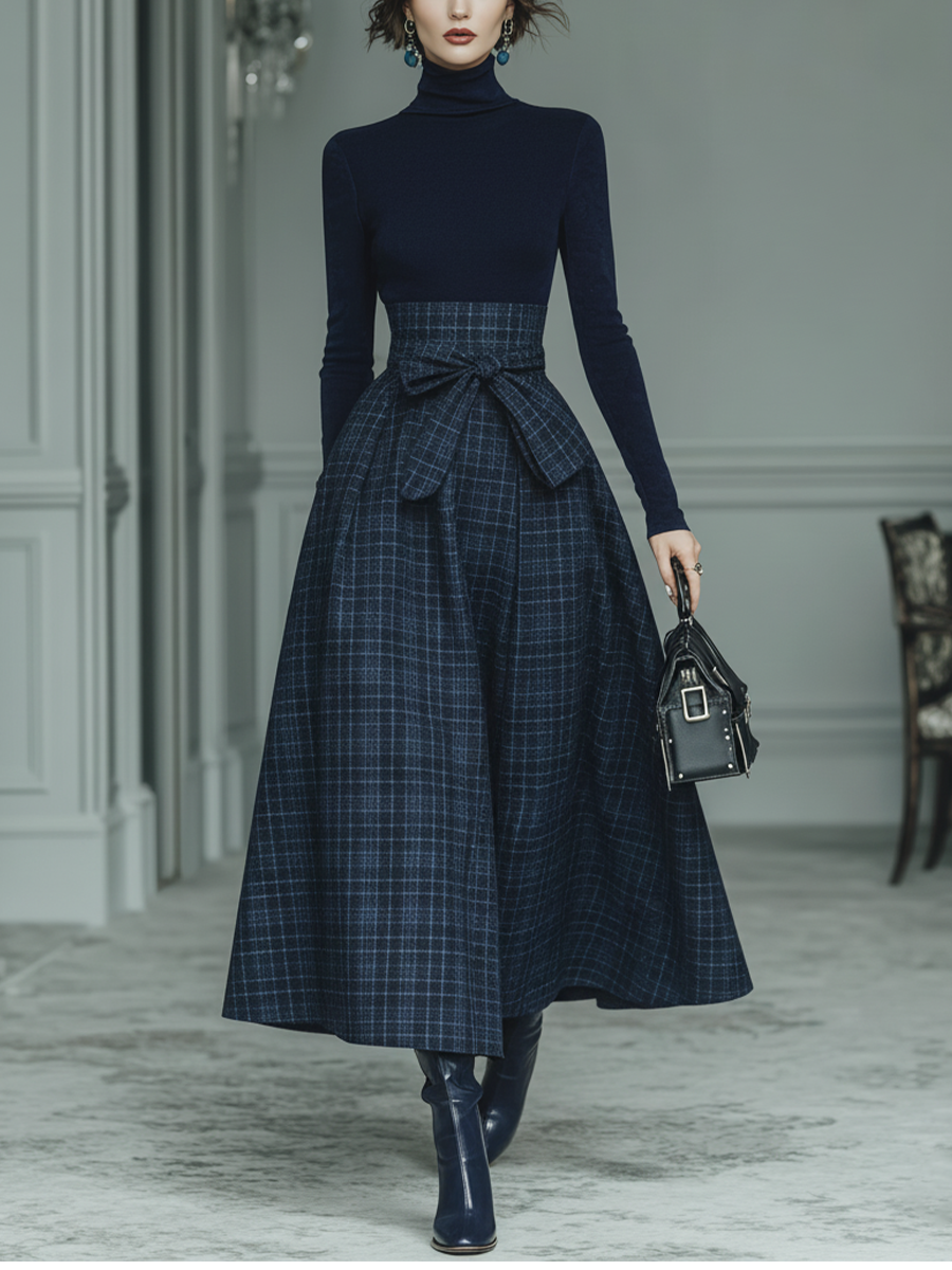 Knit Top & Plaid Tweed Skirt Set