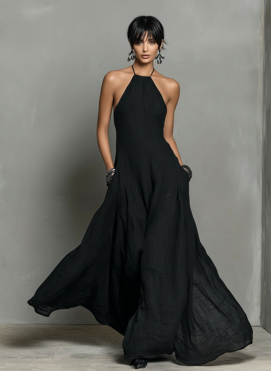 Linen Blend Halter Neck Maxi Dress
