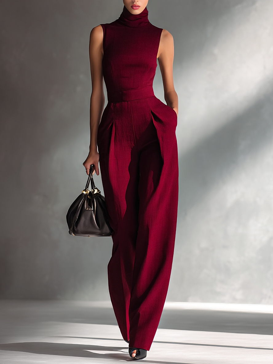 Burgundy Turtleneck Wide-Leg Jumpsuit