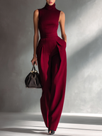 Burgundy Turtleneck Wide-Leg Jumpsuit