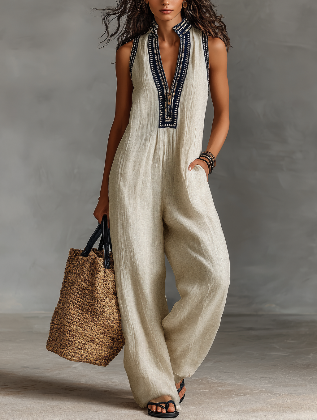 Embroidered Linen Stand Collar Jumpsuit