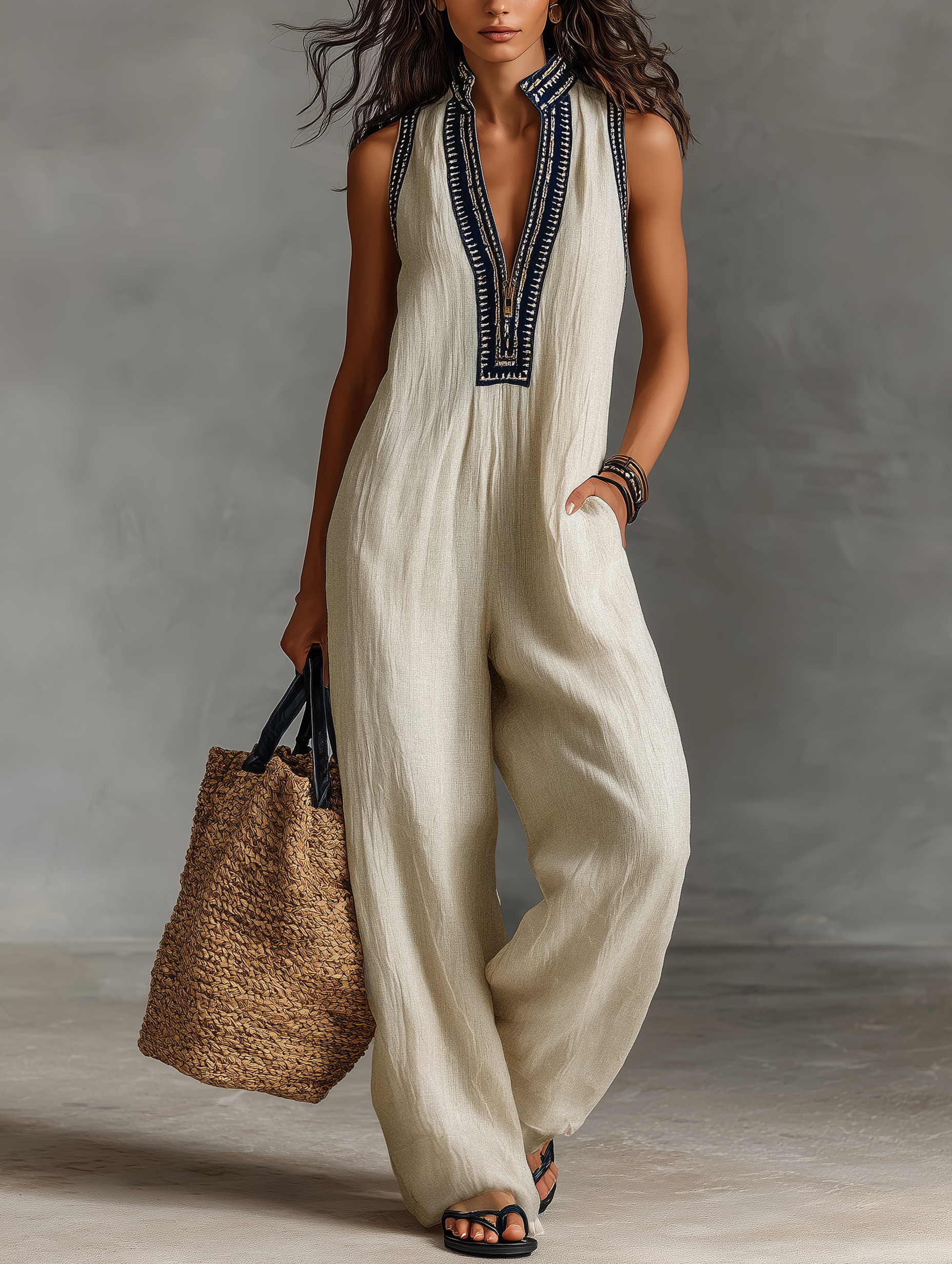 Embroidered Linen Stand Collar Jumpsuit