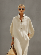Oatmeal Linen Mandarin Collar Dress