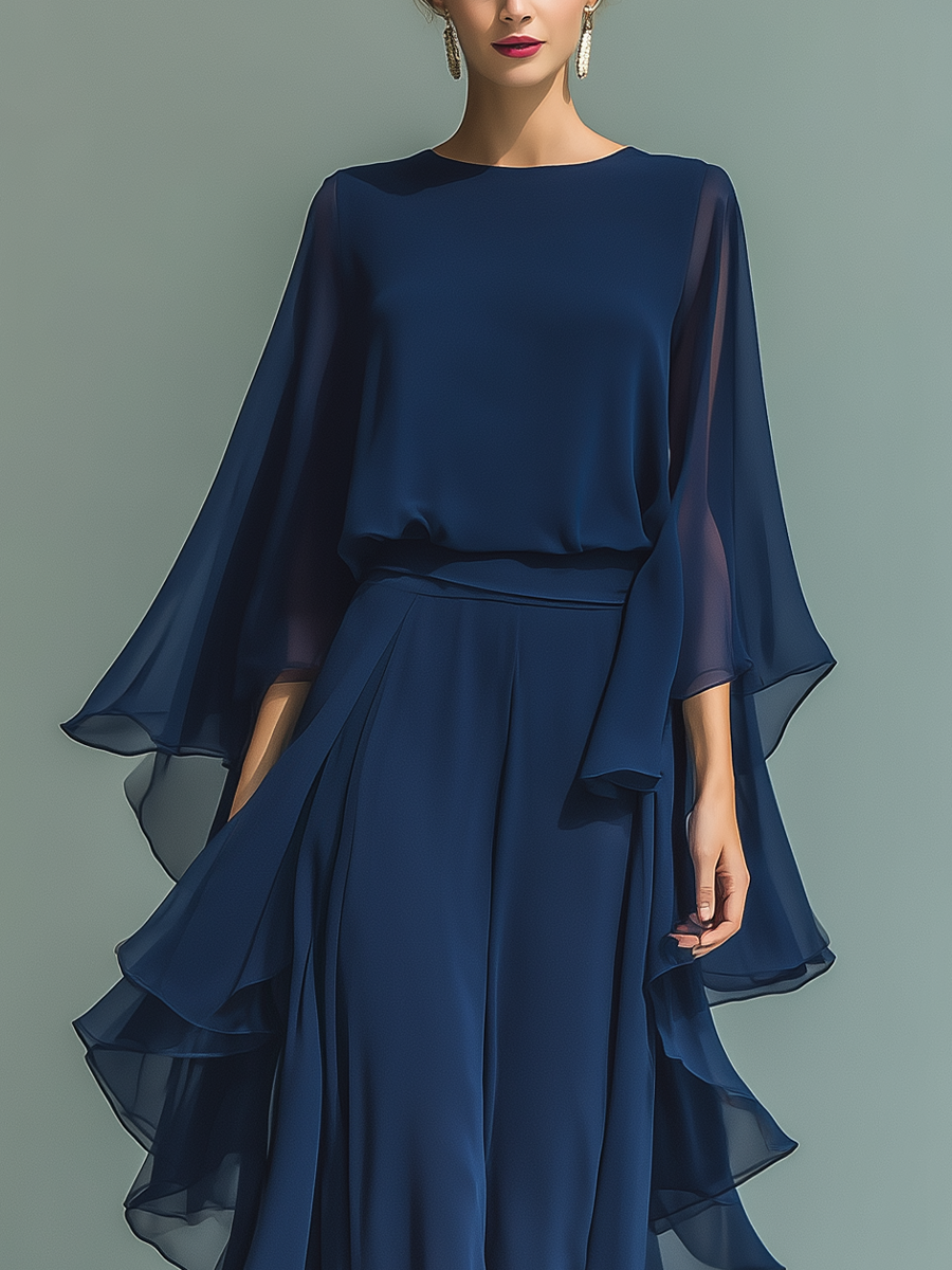 Navy Chiffon Flared Sleeve Top & Ruffled Trousers Set
