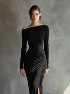 Women's Black Elegant Jersey Off - Shoulder Ruched Slit Maxi Dress MDA2125H9I